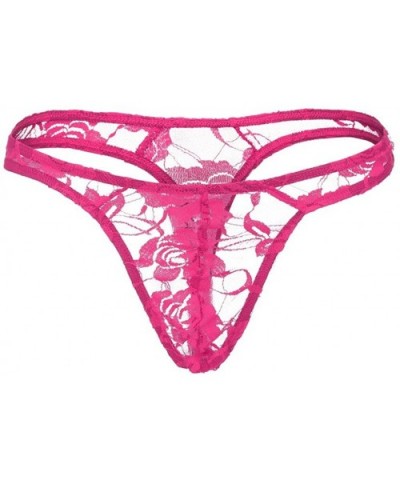 Men's Nylon Briefs G-String Thongs Lace Underwear T-Back Shorts Sexy Lace Thong Briefs Low Rise See Through - Hot Pink - CJ18...