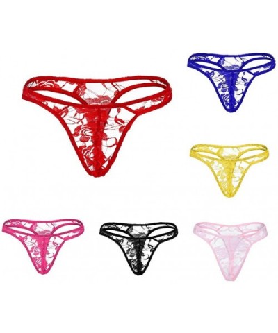 Men's Nylon Briefs G-String Thongs Lace Underwear T-Back Shorts Sexy Lace Thong Briefs Low Rise See Through - Hot Pink - CJ18...