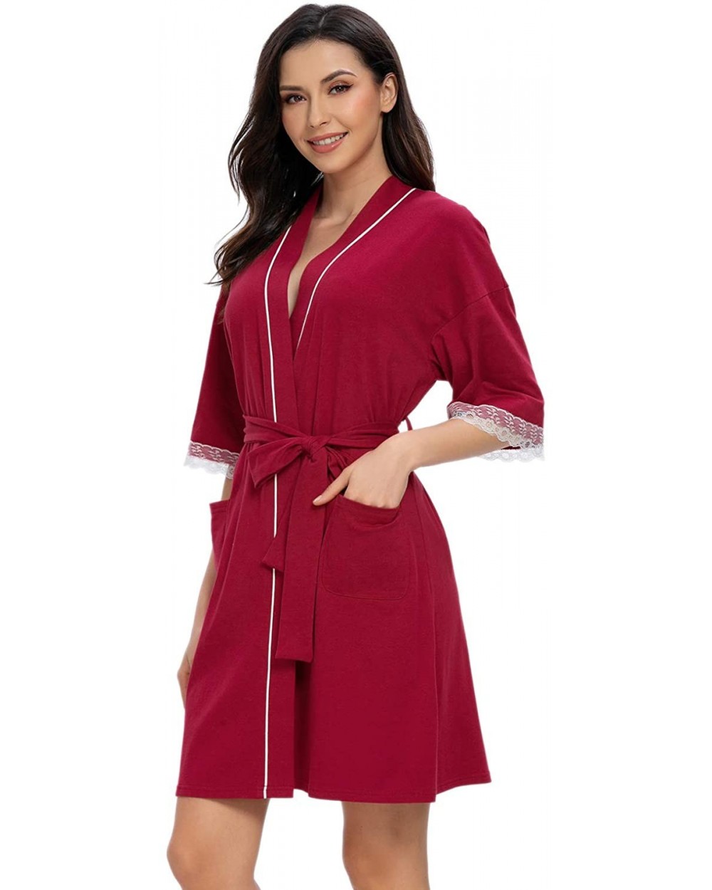 Womens Kimono Robe Short Cotton Robes Lightweight Knit Bathrobe Soft Sleepwear Pockets Ladies Loungewear with Lace Red - CY19...