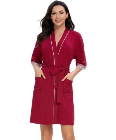 Womens Kimono Robe Short Cotton Robes Lightweight Knit Bathrobe Soft Sleepwear Pockets Ladies Loungewear with Lace Red - CY19...