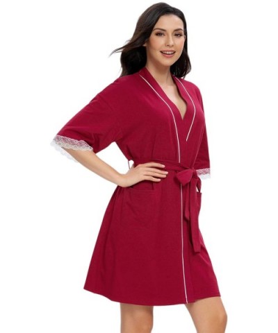 Womens Kimono Robe Short Cotton Robes Lightweight Knit Bathrobe Soft Sleepwear Pockets Ladies Loungewear with Lace Red - CY19...