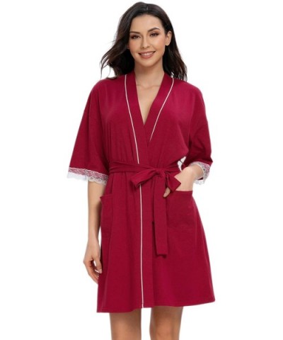 Womens Kimono Robe Short Cotton Robes Lightweight Knit Bathrobe Soft Sleepwear Pockets Ladies Loungewear with Lace Red - CY19...