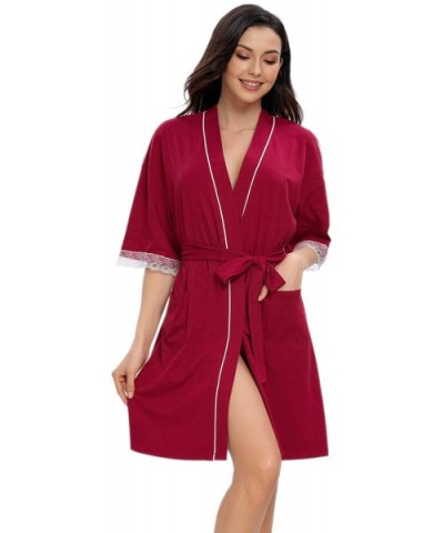 Womens Kimono Robe Short Cotton Robes Lightweight Knit Bathrobe Soft Sleepwear Pockets Ladies Loungewear with Lace Red - CY19...