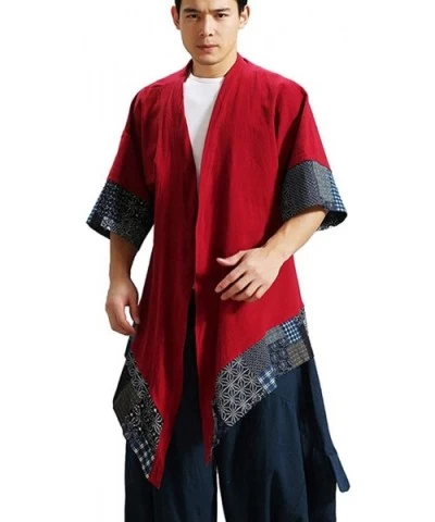 Men`s Vintage Cotton Linen Cloak Poncho Cape Coat Cardigan Kimono - Red - CG189XLQYA6 $50.71 Robes