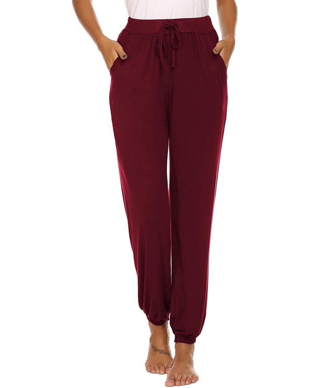 Womens Comfy Pajama Pants Loose Yoga Pants Stretch Lounge Bottoms Drawstring Jogger Pants with Pockets Wine Red - CY1934AGRM9...