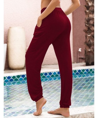 Womens Comfy Pajama Pants Loose Yoga Pants Stretch Lounge Bottoms Drawstring Jogger Pants with Pockets Wine Red - CY1934AGRM9...