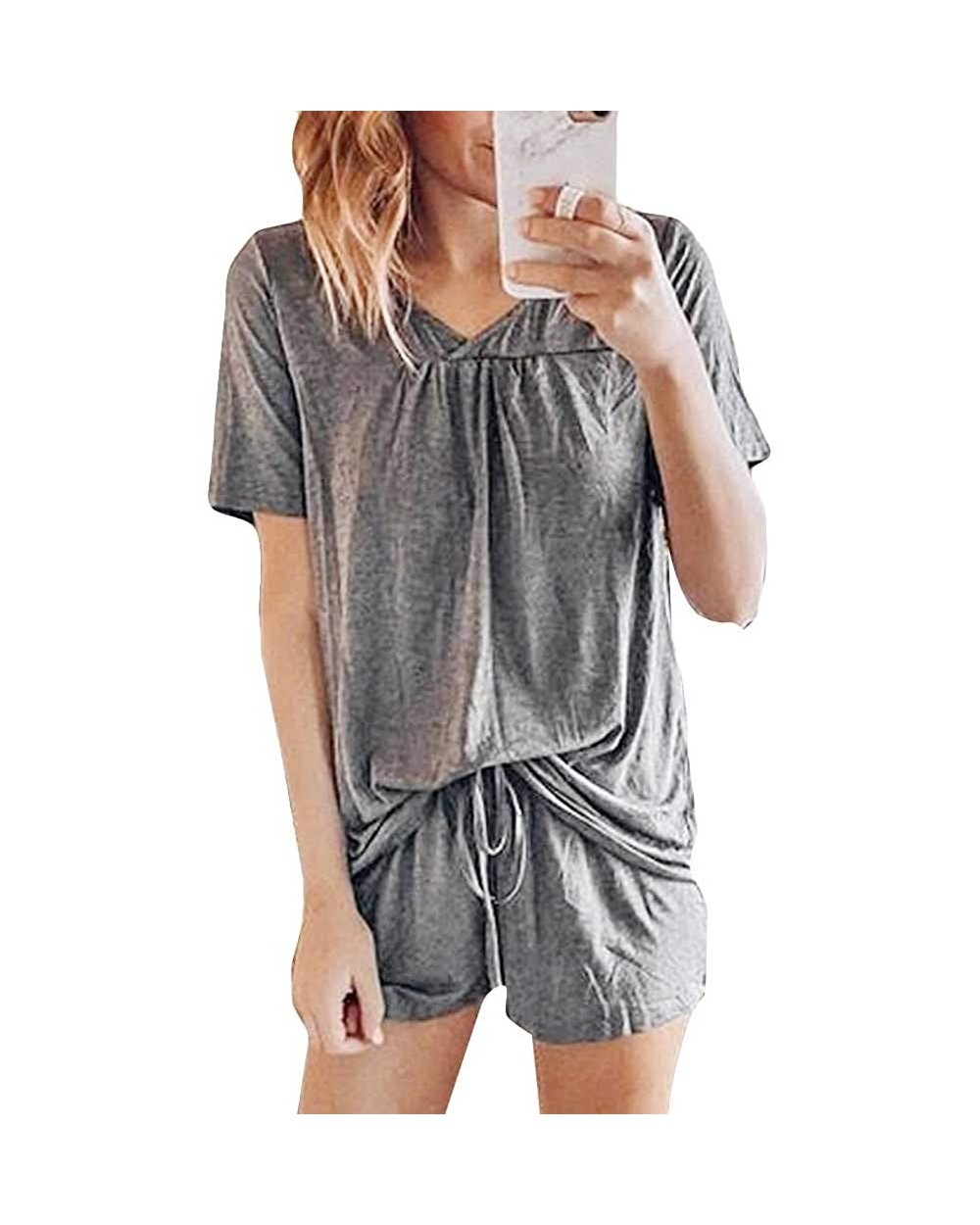 Women Pajama Tracksuit Short Sleeve T-Shirt and Shorts Pajamas Sleepwear Set Loungewear - Gray - CA190N064RE $37.83 Sets