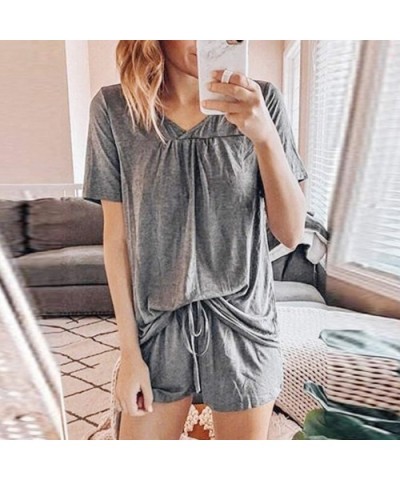 Women Pajama Tracksuit Short Sleeve T-Shirt and Shorts Pajamas Sleepwear Set Loungewear - Gray - CA190N064RE $37.83 Sets