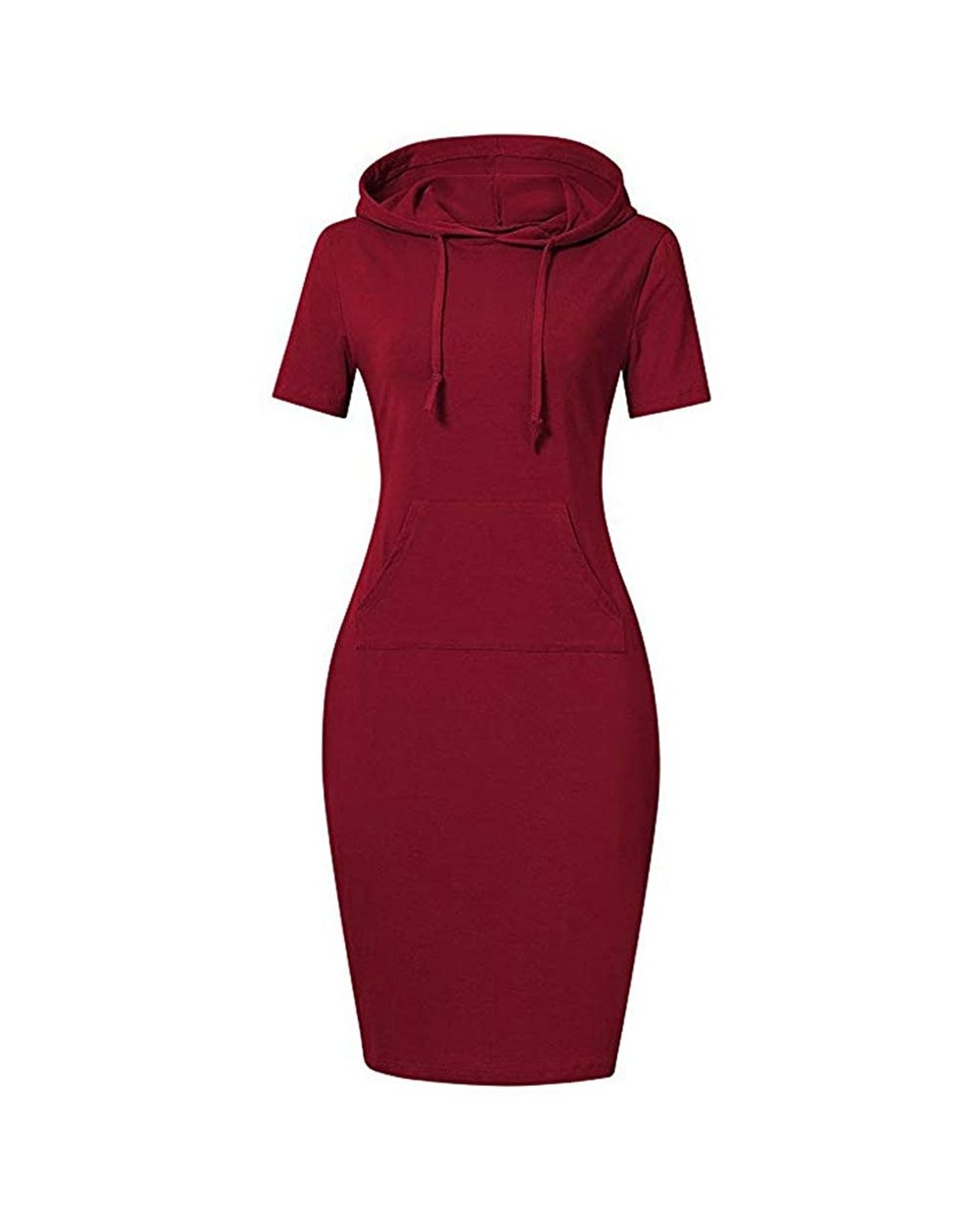 Women Short Sleeve Pocket Knee Length Pullover Hoodie Dress Summer Casual Plain Sweatshirts Tops Tunic Mini Dress Red - CX195...