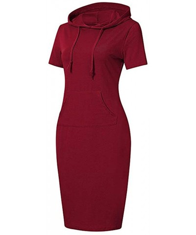 Women Short Sleeve Pocket Knee Length Pullover Hoodie Dress Summer Casual Plain Sweatshirts Tops Tunic Mini Dress Red - CX195...