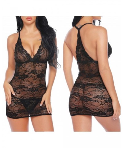 Women Lace Lingerie Sexy Deep V Halter Chemise Babydoll Lingerie Teddy Dress - Black - CK18WI7UYQ9 $25.15 Baby Dolls & Chemises