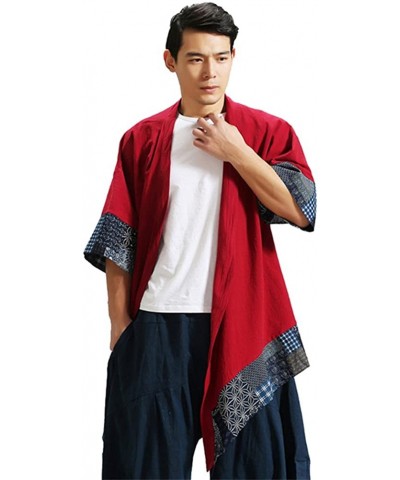 Men`s Vintage Cotton Linen Cloak Poncho Cape Coat Cardigan Kimono - Red - CG189XLQYA6 $50.71 Robes