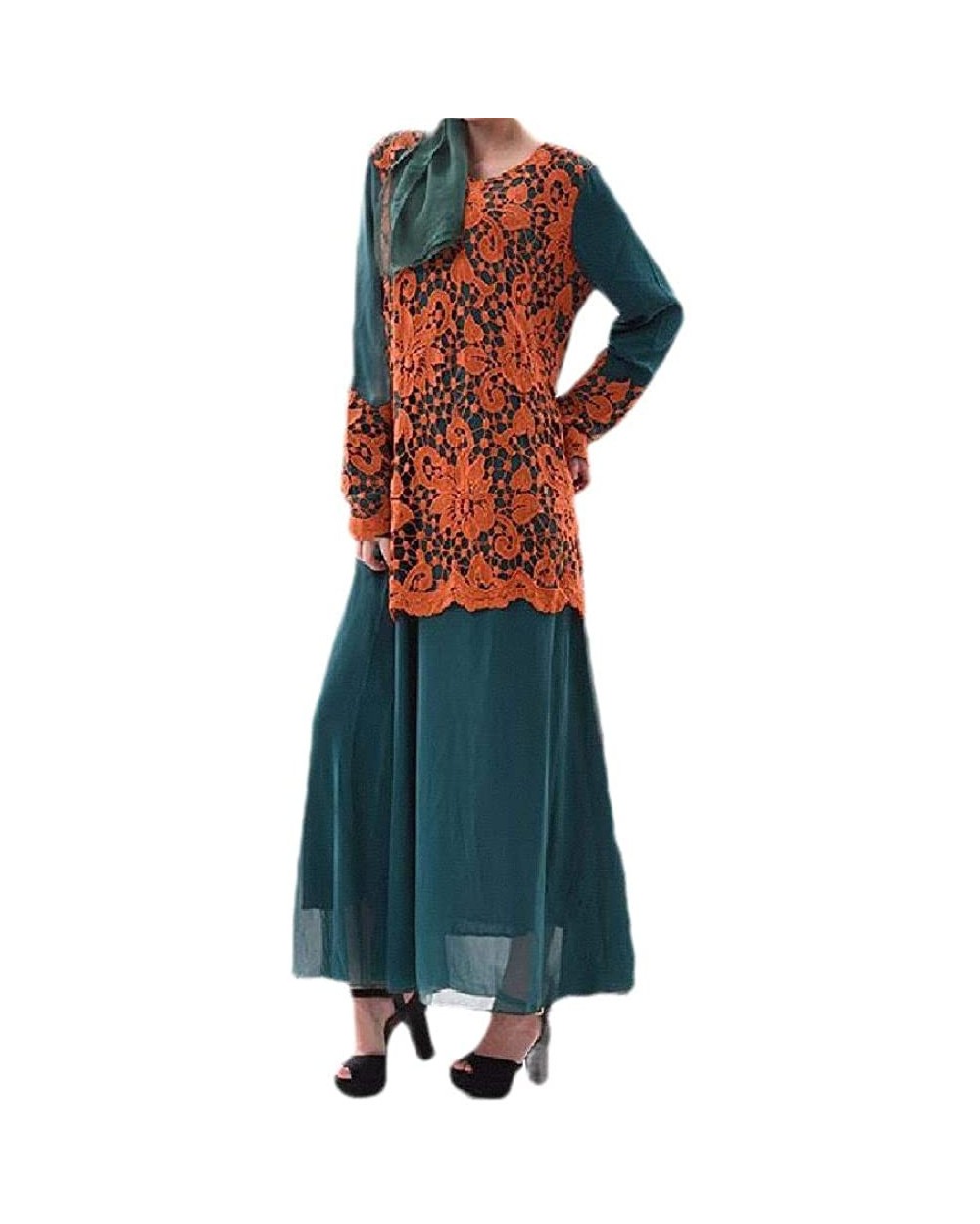 Women Dubai Muslim Contrast Color Islamic Lace Patchwork Kaftan Dresses - Green - CO19900K2DY $64.14 Robes