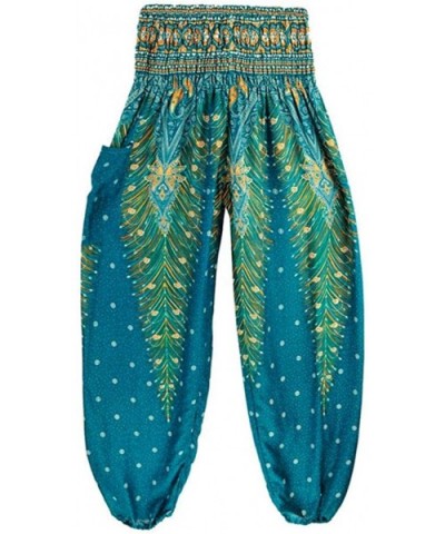 Harem Pants Men Women Hippie Bohemian Boho Smocked Waist Peacock Eye Floral Prints Aladdin Yoga Casual Pants Light Blue - CF1...