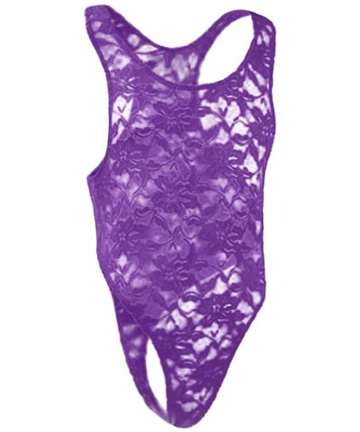 Mens Lingerie Lace Straps Mankini One-Piece V Sling Stretch Singlet Bodysuit - Purple - C418TRIMMWM $23.85 Slips