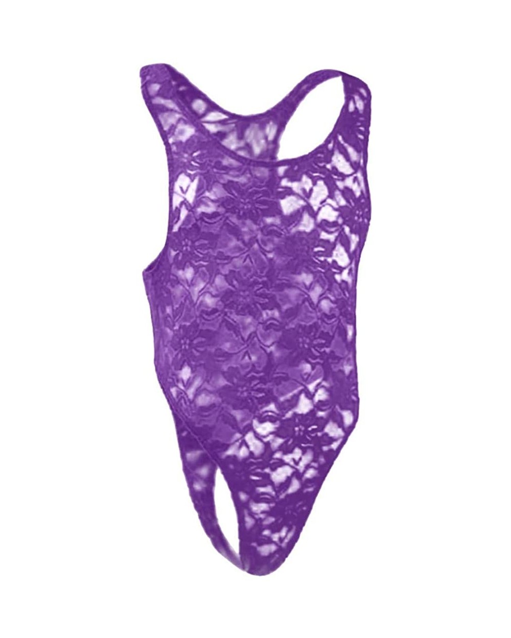 Mens Lingerie Lace Straps Mankini One-Piece V Sling Stretch Singlet Bodysuit - Purple - C418TRIMMWM $23.85 Slips