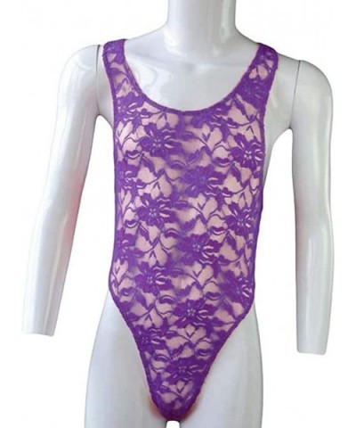 Mens Lingerie Lace Straps Mankini One-Piece V Sling Stretch Singlet Bodysuit - Purple - C418TRIMMWM $23.85 Slips