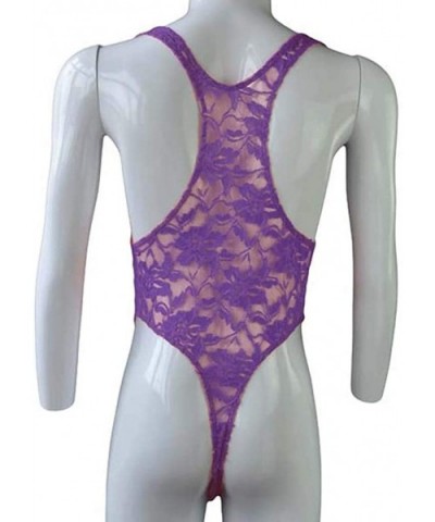 Mens Lingerie Lace Straps Mankini One-Piece V Sling Stretch Singlet Bodysuit - Purple - C418TRIMMWM $23.85 Slips