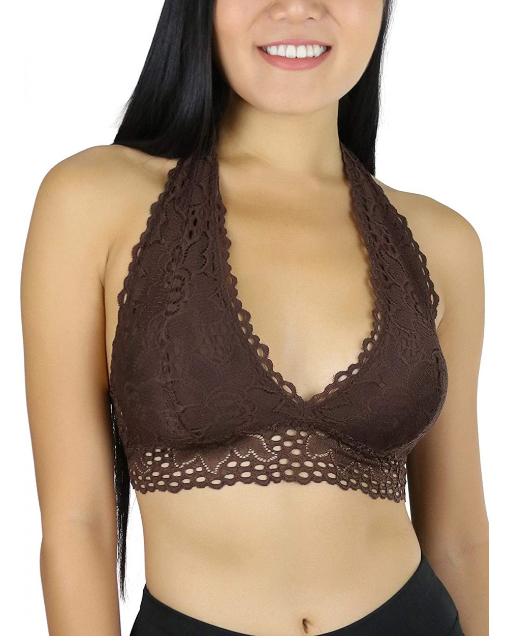 Women's Lined Lace Halter Stretch Bralette - Brown - C318G3SGEEW $26.58 Bras