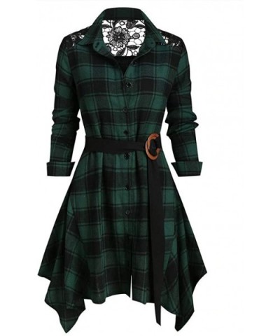 Cold Shoulder Plus Size Plaid Skew Neck Belted Dress Waist Ruffled Irregular Long Sleeve Dresses - A-green - CP18ALI2EKH $41....