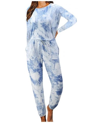 Womens Loungewear Sets-Pajamas Set Tie Dye Printed Long Sleeve Shirt and Pants PJ Sets Sleepwear Nightwear Jumpsuit - Blue - ...