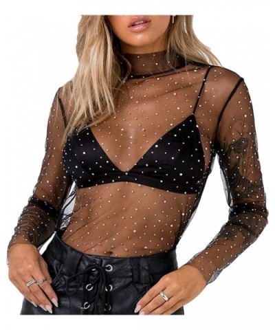 Women Sheer Mesh Glitter Sequin T Shirt/Bodysuit See Through Long Sleeve Turtleneck Sparkle Tee Blouse Tops Clubwear - A-blac...