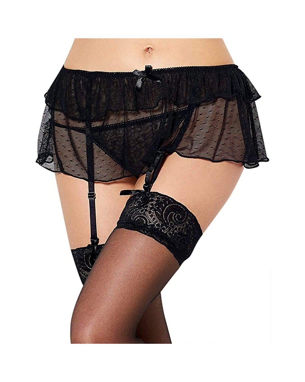 Women Plus Size Garter Belt Mesh with Sexy G-String Panties Black - Black - CI18I3GSS34 $17.49 Garters & Garter Belts