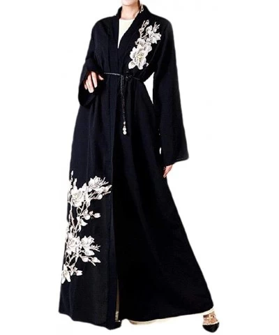 Women Arab Muslim Islamic Trendy Dubai Embroidered Kaftan Maxi Dress - Black - CT199MNMLXM $77.52 Robes