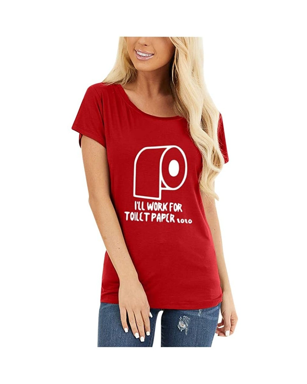 Women Funny Letter Print T-Shirt Summer Round Neck Short Sleeve Top Blouse - D-red - CT19CQICAHC $22.28 Thermal Underwear