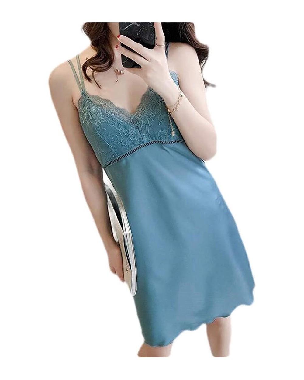 Women's Sexy Spaghetti Strap Satin Sleepwear Nightgown Sleep Dress Sleepwear - 1 - CM19CT2URTO $39.09 Nightgowns & Sleepshirts