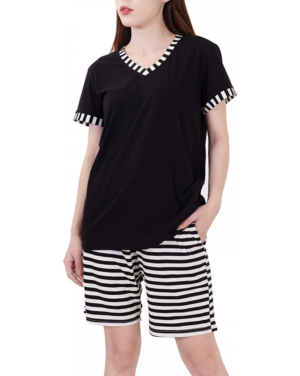 Women's Pajamas Set Sleepwear Striped Pattern Bottom Nightwear Soft Pj Lounge Sets - Summer Black - CN192O8MZ86 $37.70 Sets