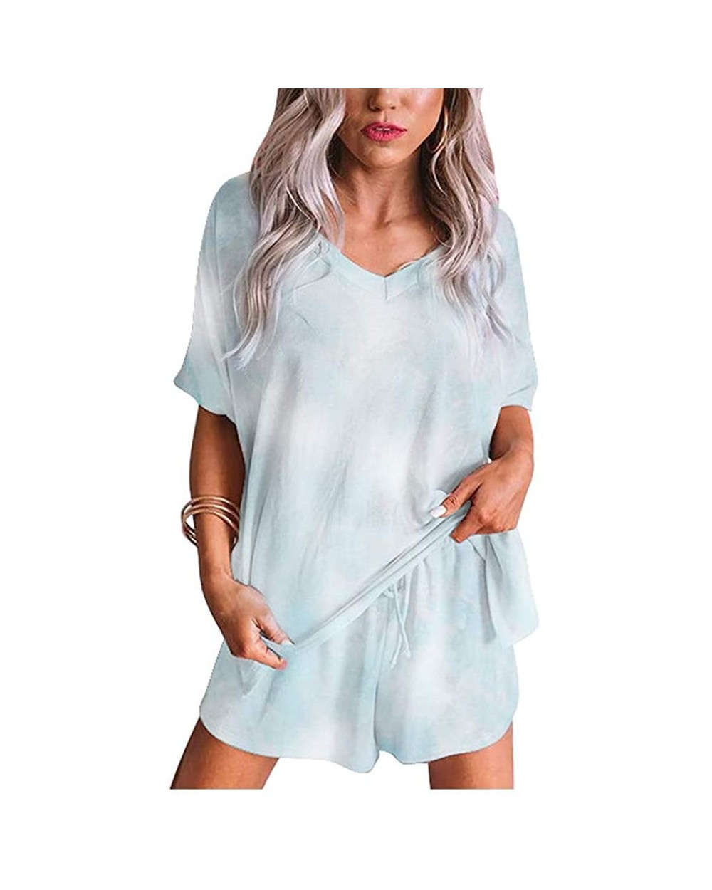 Women Short Pajamas Sets Two Piece Tie Dye Sleepwear Loungewear with Shorts - Sky Blue Twist Tie Dye - CA19DLAEZGA $46.58 Sets