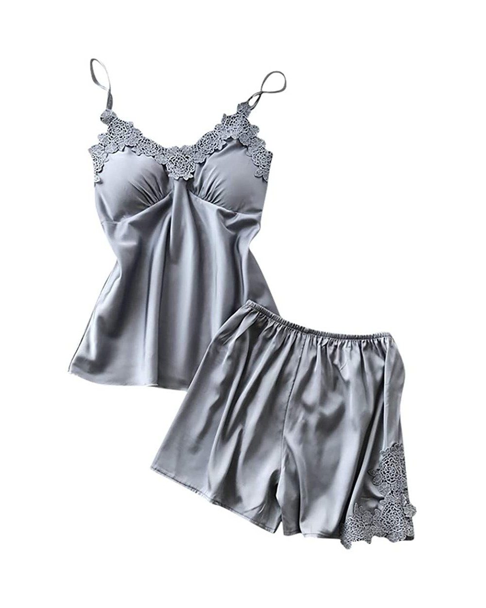 Women's Satin Silk Camisole Shorts Set Sleepwear Pajamas Lace Splice Plus Size Bandage Lingerie Sets 2PC - Gray - CN1968CIQ9D...