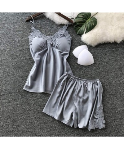 Women's Satin Silk Camisole Shorts Set Sleepwear Pajamas Lace Splice Plus Size Bandage Lingerie Sets 2PC - Gray - CN1968CIQ9D...