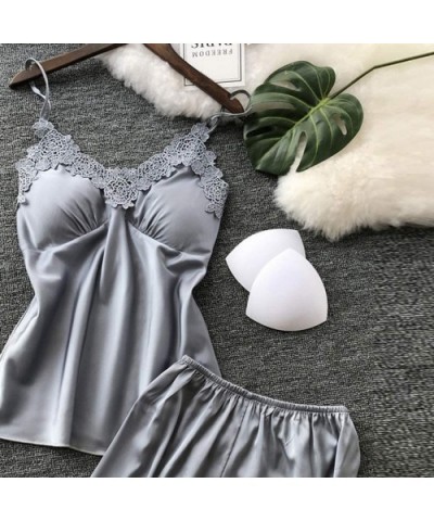 Women's Satin Silk Camisole Shorts Set Sleepwear Pajamas Lace Splice Plus Size Bandage Lingerie Sets 2PC - Gray - CN1968CIQ9D...