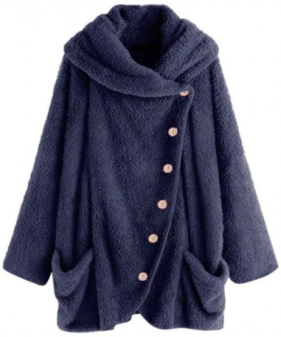 Flush Jacket Sherpa Asymmetric Cowl Neck Sweatshirt Shearling Shaggy Sweater Oversized Coat Casual Outwear Dark Blue - C3192H...