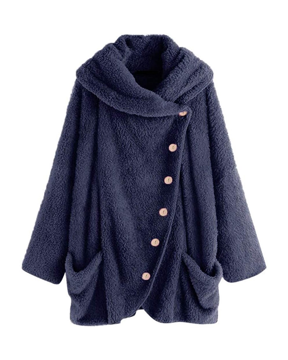 Flush Jacket Sherpa Asymmetric Cowl Neck Sweatshirt Shearling Shaggy Sweater Oversized Coat Casual Outwear Dark Blue - C3192H...