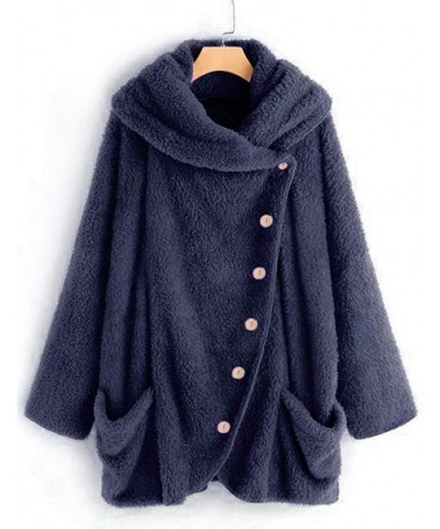 Flush Jacket Sherpa Asymmetric Cowl Neck Sweatshirt Shearling Shaggy Sweater Oversized Coat Casual Outwear Dark Blue - C3192H...