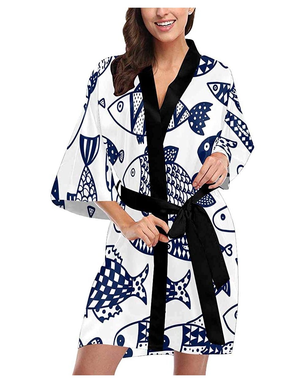 Custom Blue Fish Art Women Kimono Robes Beach Cover Up for Parties Wedding (XS-2XL) - Multi 1 - CJ194X9RZQM $77.28 Robes