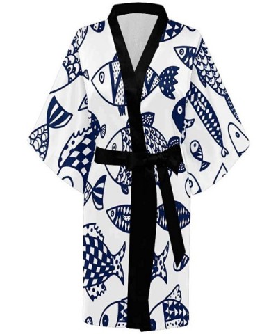 Custom Blue Fish Art Women Kimono Robes Beach Cover Up for Parties Wedding (XS-2XL) - Multi 1 - CJ194X9RZQM $77.28 Robes