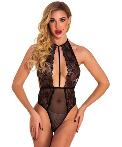 Women One-Piece Lingerie Sexy Black V-Neck Lace Bodysuit Underwear - Black-3 - CI1973D5M6H $15.68 Accessories