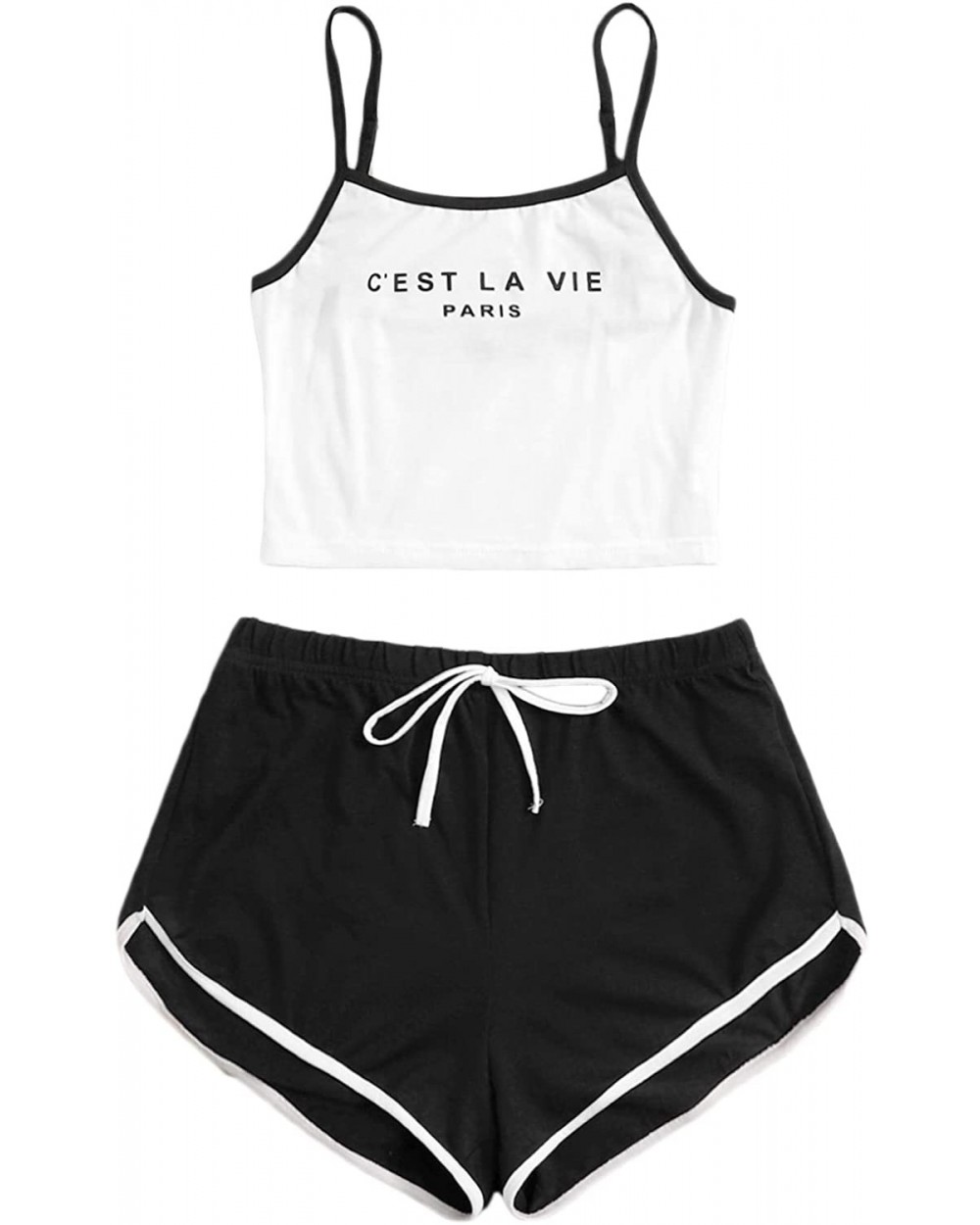 Women 2PCS PJ Set Letter Spaghetti Strap Sleeveless Cami Tops and Dolphin Shorts Nighwear - Black White - CS190505I50 $28.07 ...