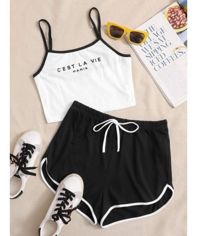 Women 2PCS PJ Set Letter Spaghetti Strap Sleeveless Cami Tops and Dolphin Shorts Nighwear - Black White - CS190505I50 $28.07 ...