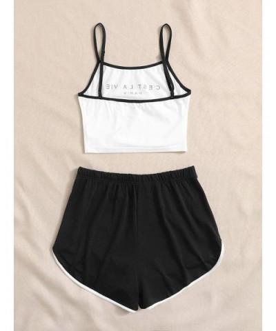 Women 2PCS PJ Set Letter Spaghetti Strap Sleeveless Cami Tops and Dolphin Shorts Nighwear - Black White - CS190505I50 $28.07 ...