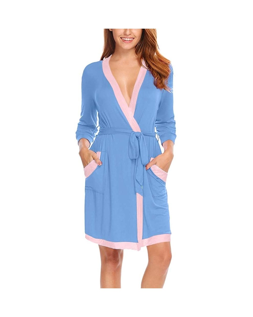 Women Kimono Sleepwear Ladies V-Neck Long Sleeve Soft Lightweight Short Bathrobe Loungewear Pajama - Blue - CW1944O6T02 $36.5...