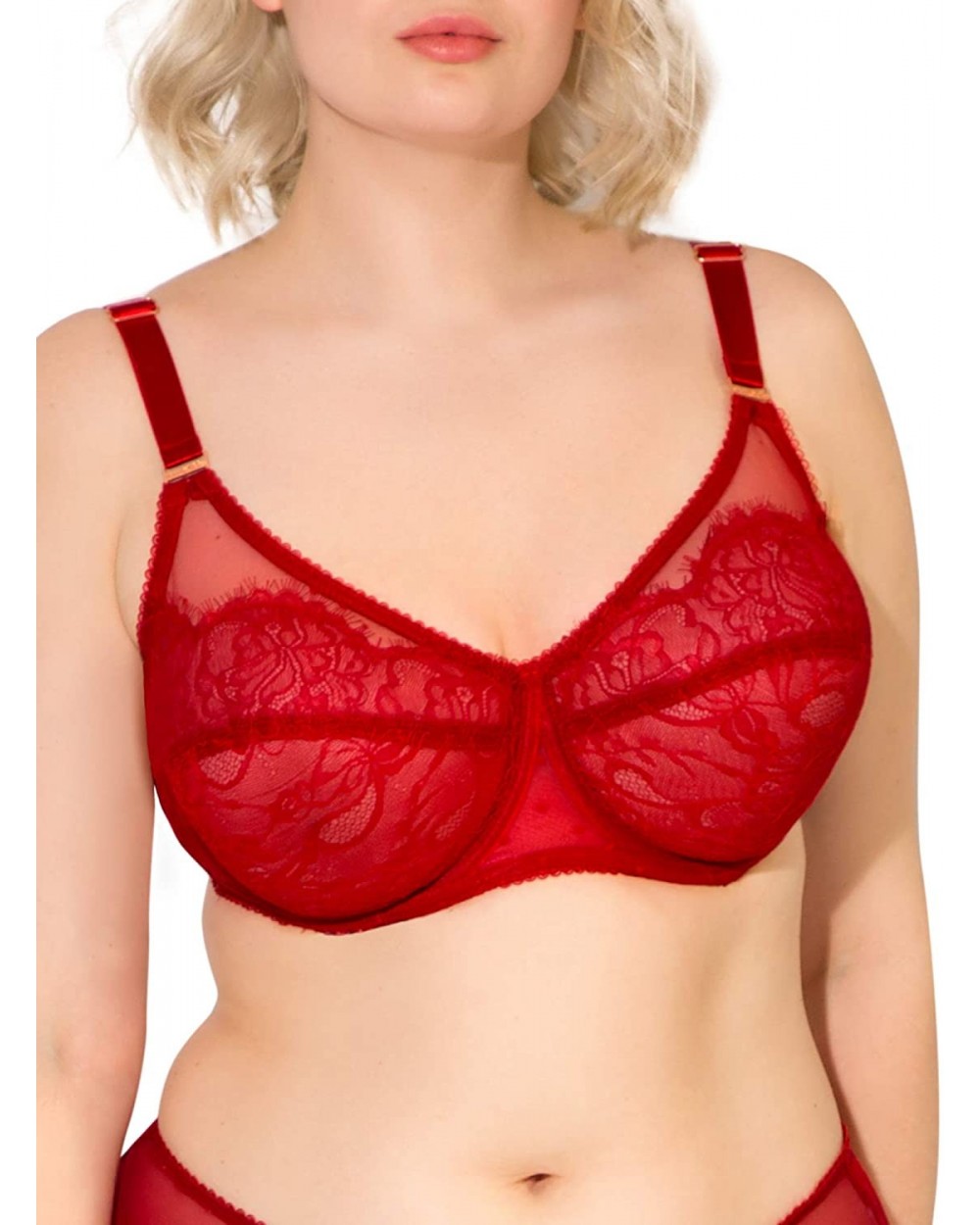 Women's Lace & Mesh Unlined Underwire Bra - No No Red - CM18O2ADMT0 $27.31 Bras