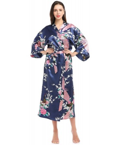 Women Kimono Robe Loungewear Pajamas Satin Nightwear Bathrobe Long - Navy - CY186NZ088A $31.26 Robes