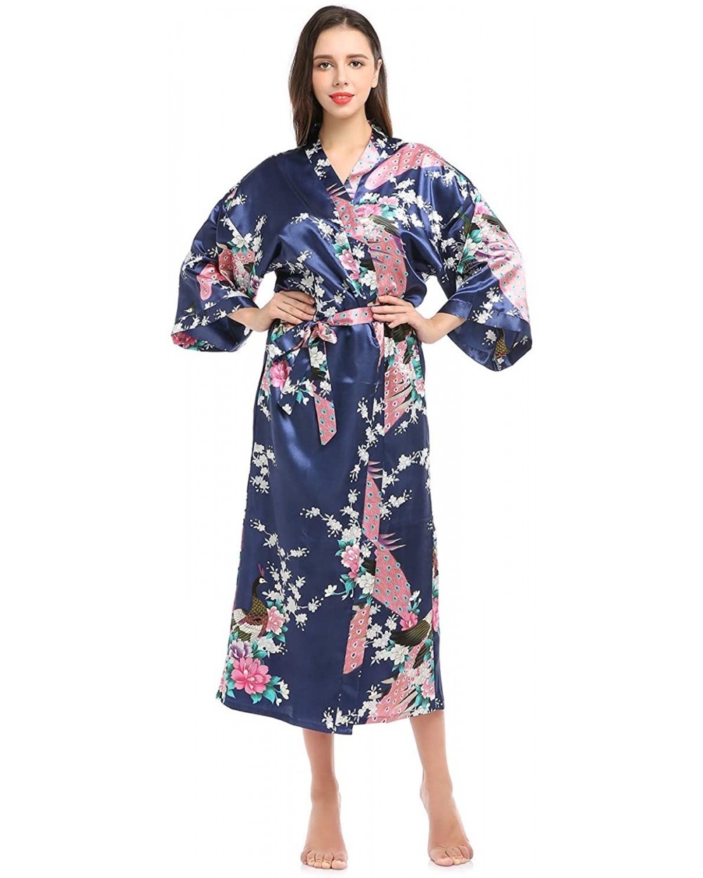 Women Kimono Robe Loungewear Pajamas Satin Nightwear Bathrobe Long - Navy - CY186NZ088A $31.26 Robes