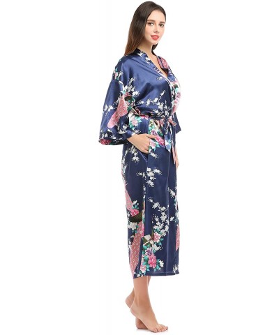 Women Kimono Robe Loungewear Pajamas Satin Nightwear Bathrobe Long - Navy - CY186NZ088A $31.26 Robes