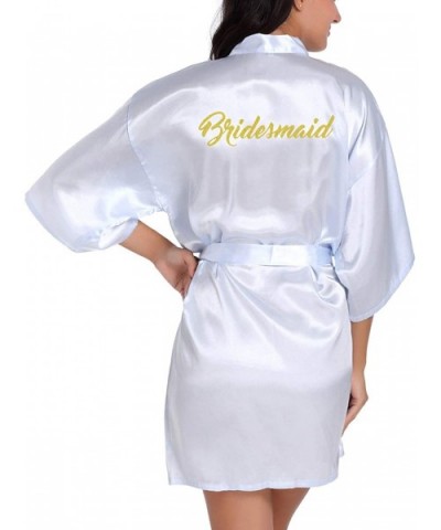 Womens Satin Kimono Short Robes for Bridesmaid Wedding Party Getting Ready Dressing Gown with Gold Glitter Light Blue - C719D...